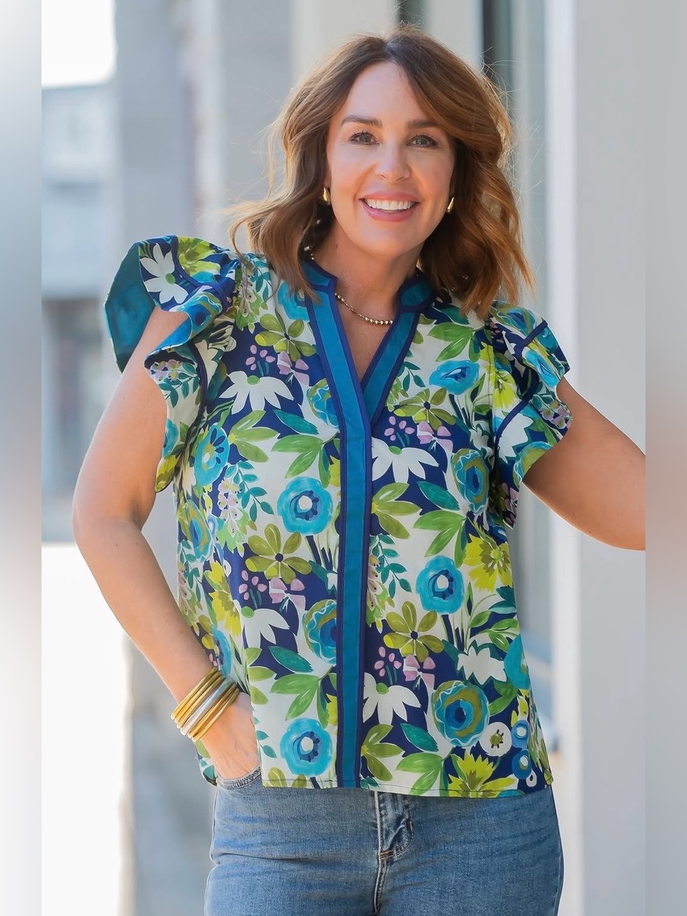 entro Blue Green Floral Ruffle Sleeve Blouse
